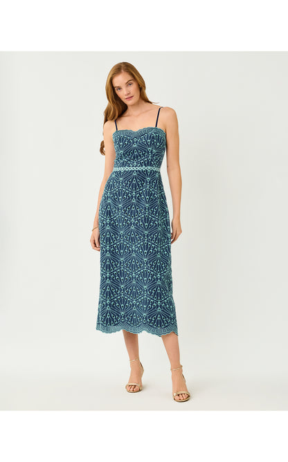 Arlin Midi Dress - Starlight Navy X Capri Blue Queen Scallop Eyelet