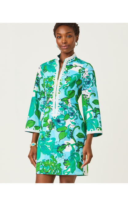 Shealyn 3/4 Sleeve Stretch Cotton Dress - Capri Blue Rousseaus Roses Overlay