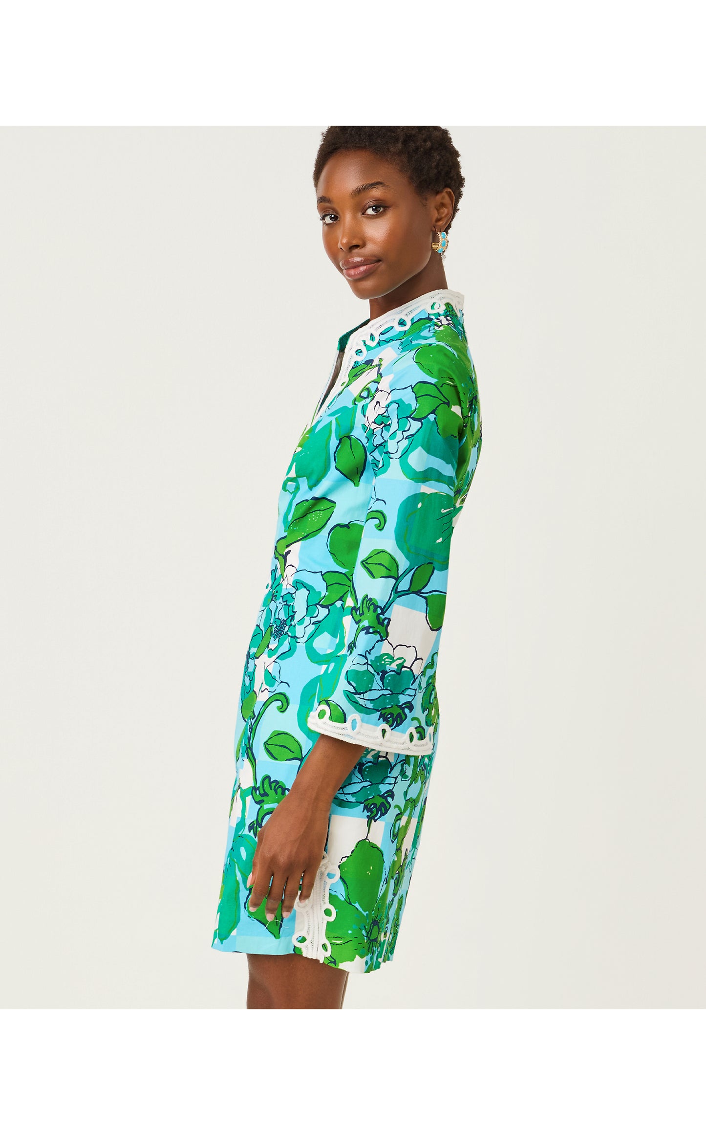 Shealyn 3/4 Sleeve Stretch Cotton Dress - Capri Blue Rousseaus Roses Overlay