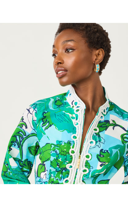 Shealyn 3/4 Sleeve Stretch Cotton Dress - Capri Blue Rousseaus Roses Overlay