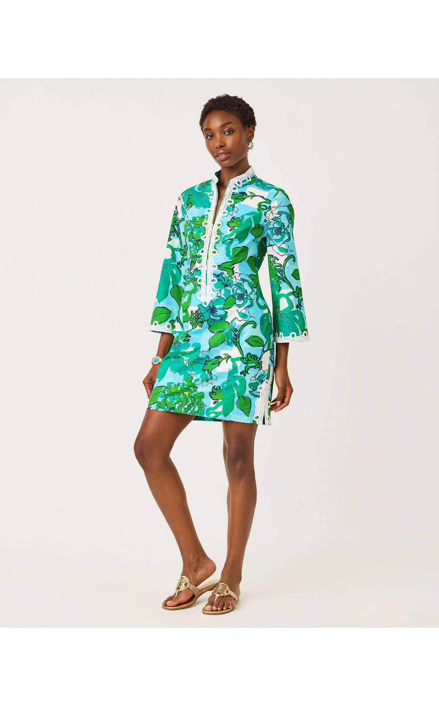 Shealyn 3/4 Sleeve Stretch Cotton Dress - Capri Blue Rousseaus Roses Overlay