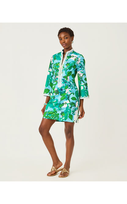 Shealyn 3/4 Sleeve Stretch Cotton Dress - Capri Blue Rousseaus Roses Overlay