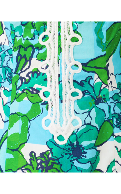 Shealyn 3/4 Sleeve Stretch Cotton Dress - Capri Blue Rousseaus Roses Overlay