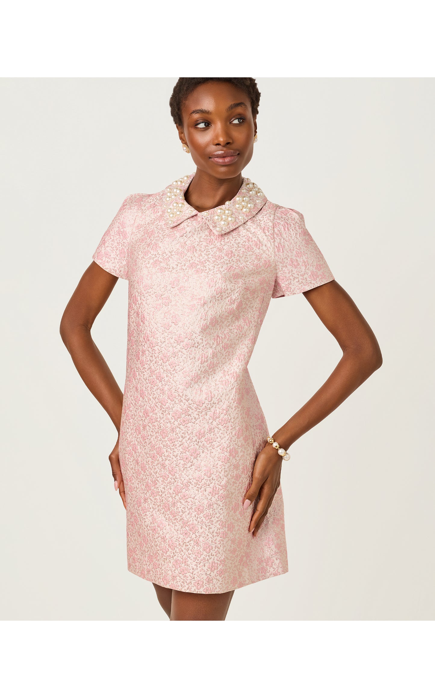 Mylan Short Sleeve Shift Dress - Conch Shell Pink Ritsy Ditsy Metallic Brocade