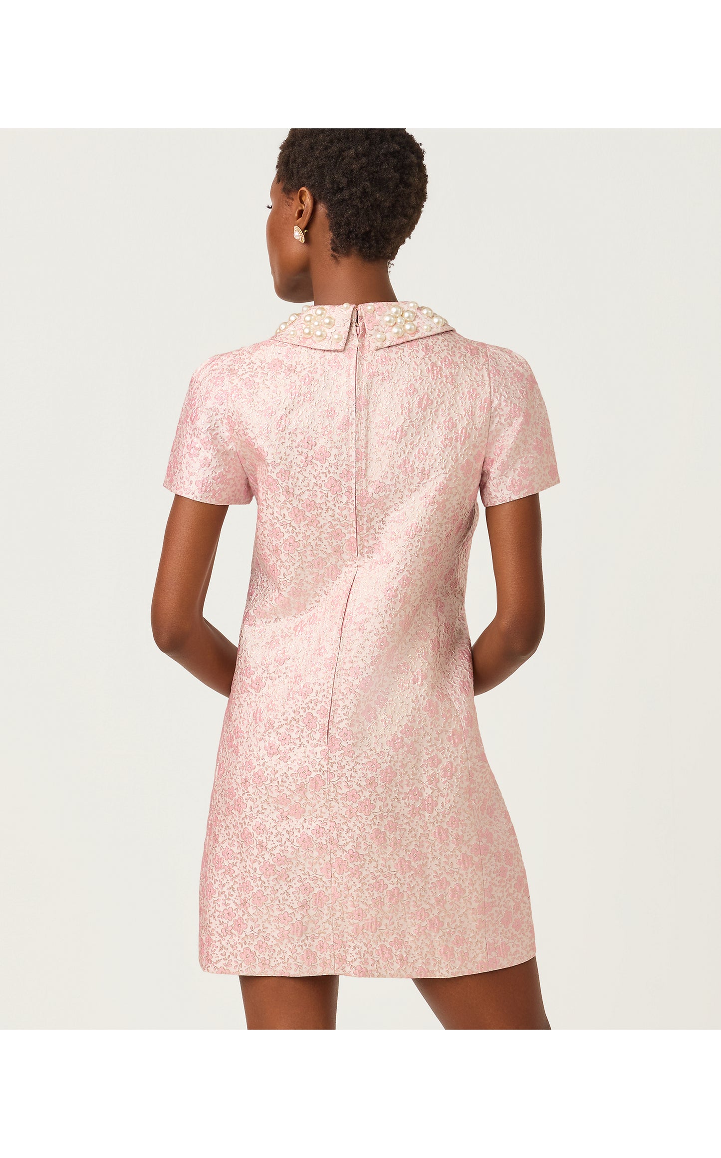 Mylan Short Sleeve Shift Dress - Conch Shell Pink Ritsy Ditsy Metallic Brocade