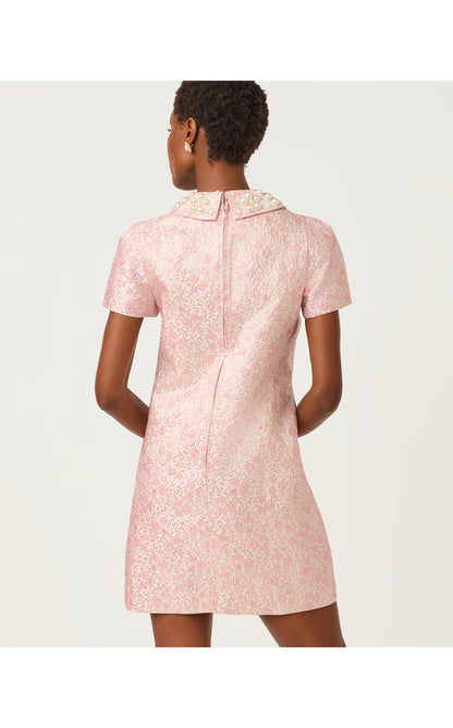 Mylan Short Sleeve Shift Dress - Conch Shell Pink Ritsy Ditsy Metallic Brocade
