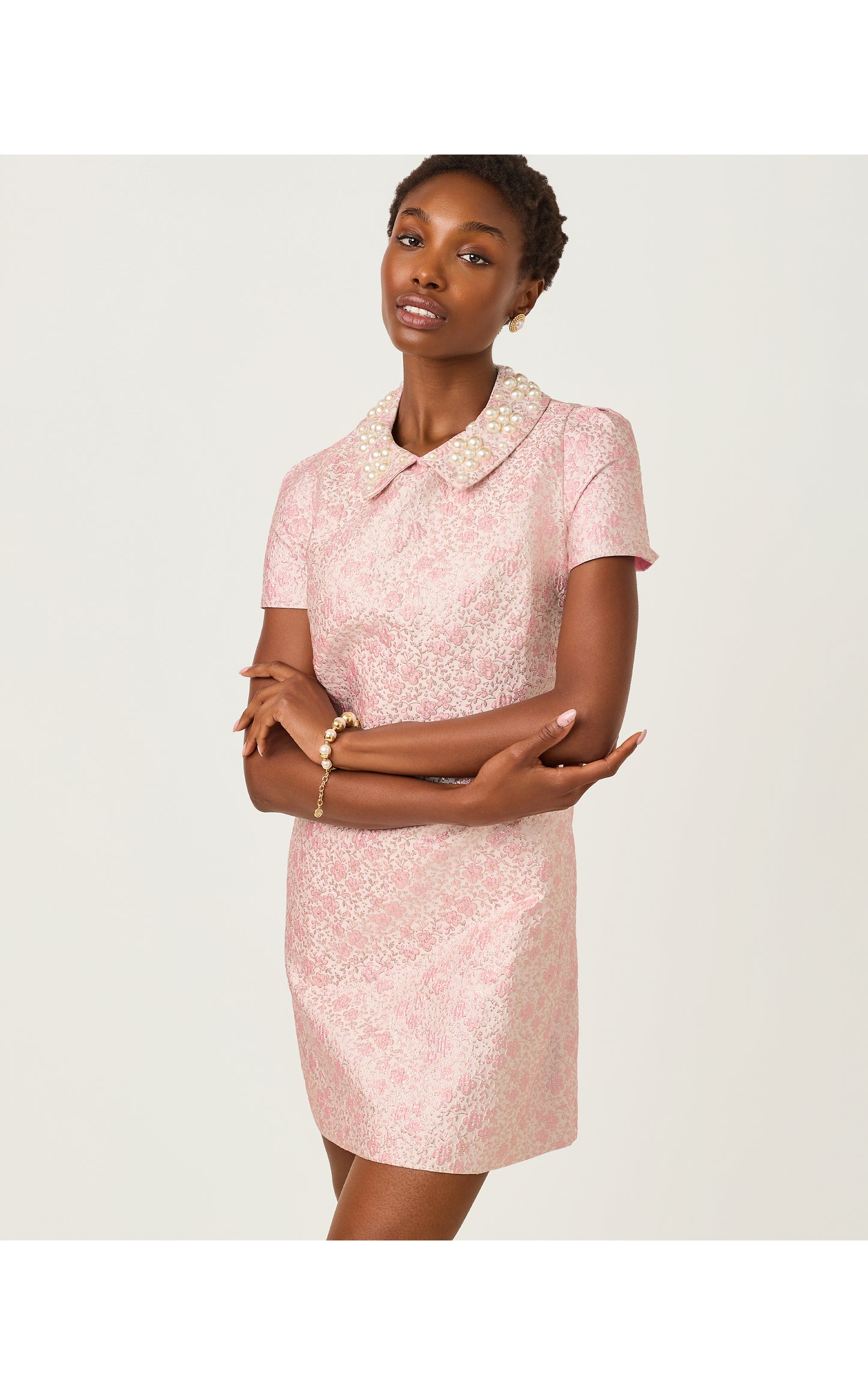 Justina Skirted Romper - Conch Shell Pink Ritsy Ditsy Metallic Brocade