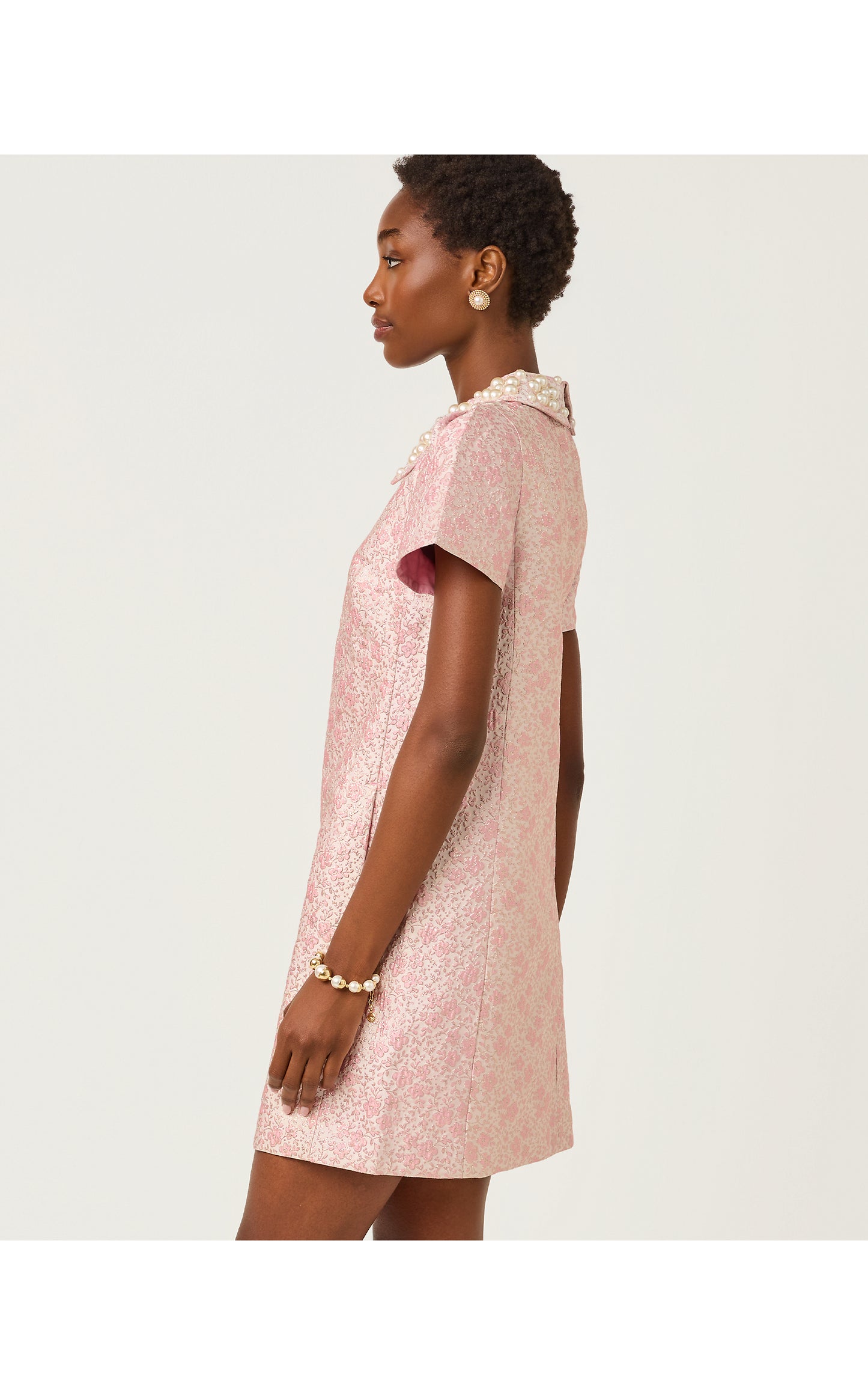 Justina Skirted Romper - Conch Shell Pink Ritsy Ditsy Metallic Brocade