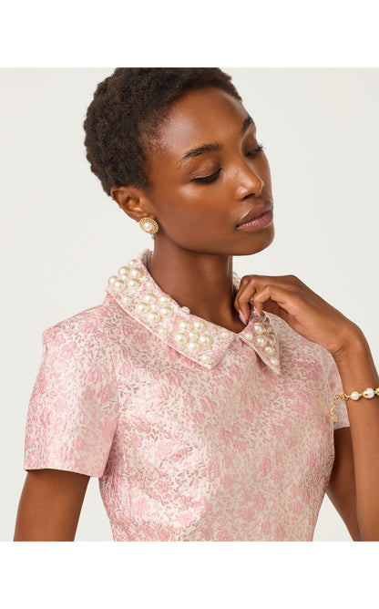 Mylan Short Sleeve Shift Dress - Conch Shell Pink Ritsy Ditsy Metallic Brocade