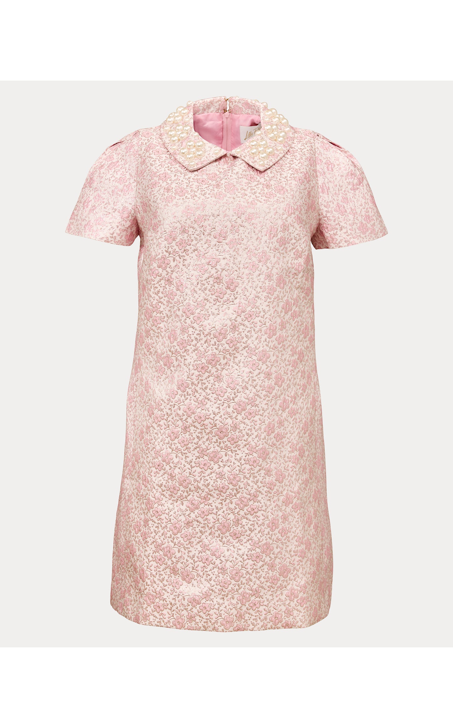 Mylan Short Sleeve Shift Dress - Conch Shell Pink Ritsy Ditsy Metallic Brocade