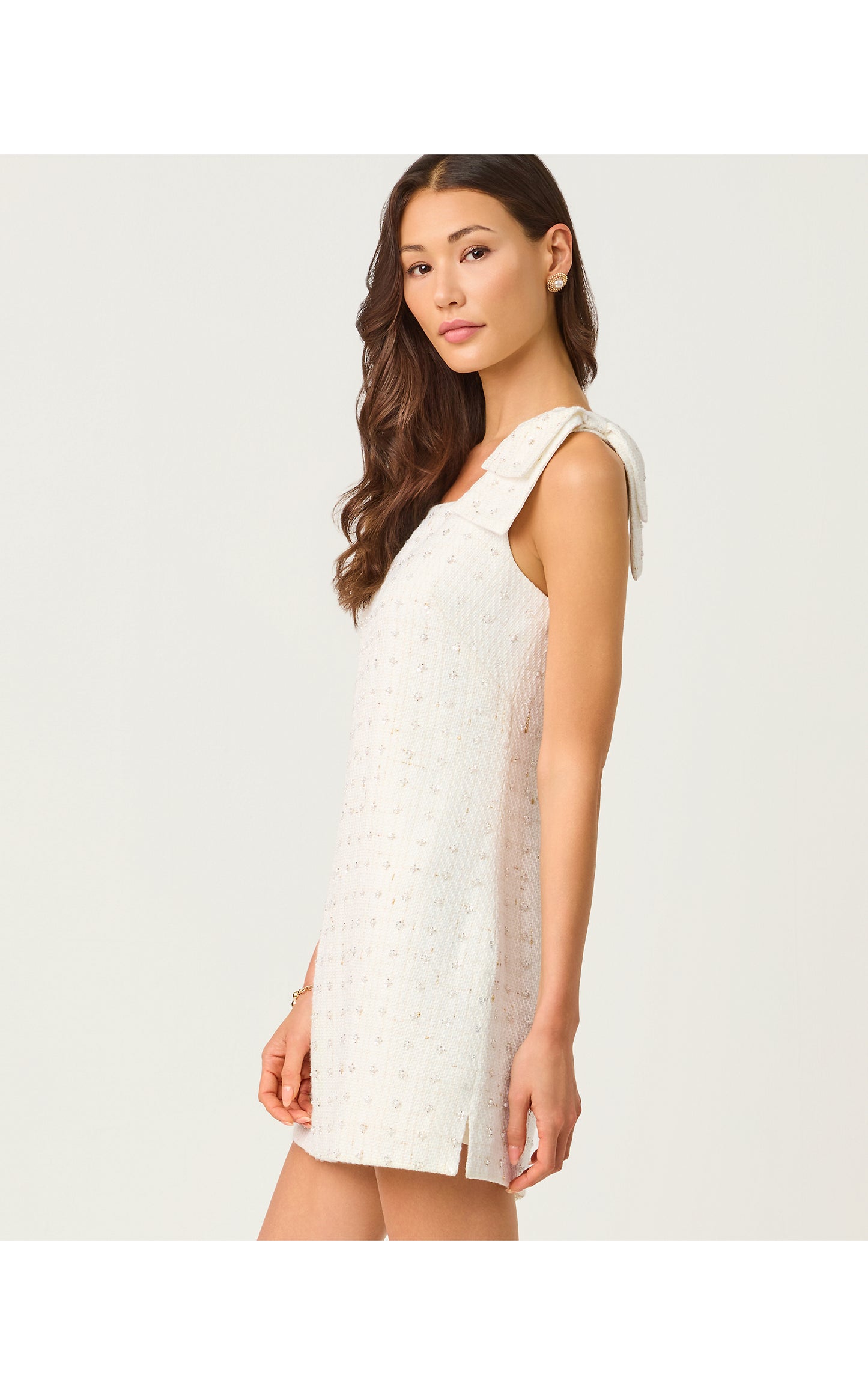 Anders Skirted Romper - Resort White Flower Pearl Embellished Boucle