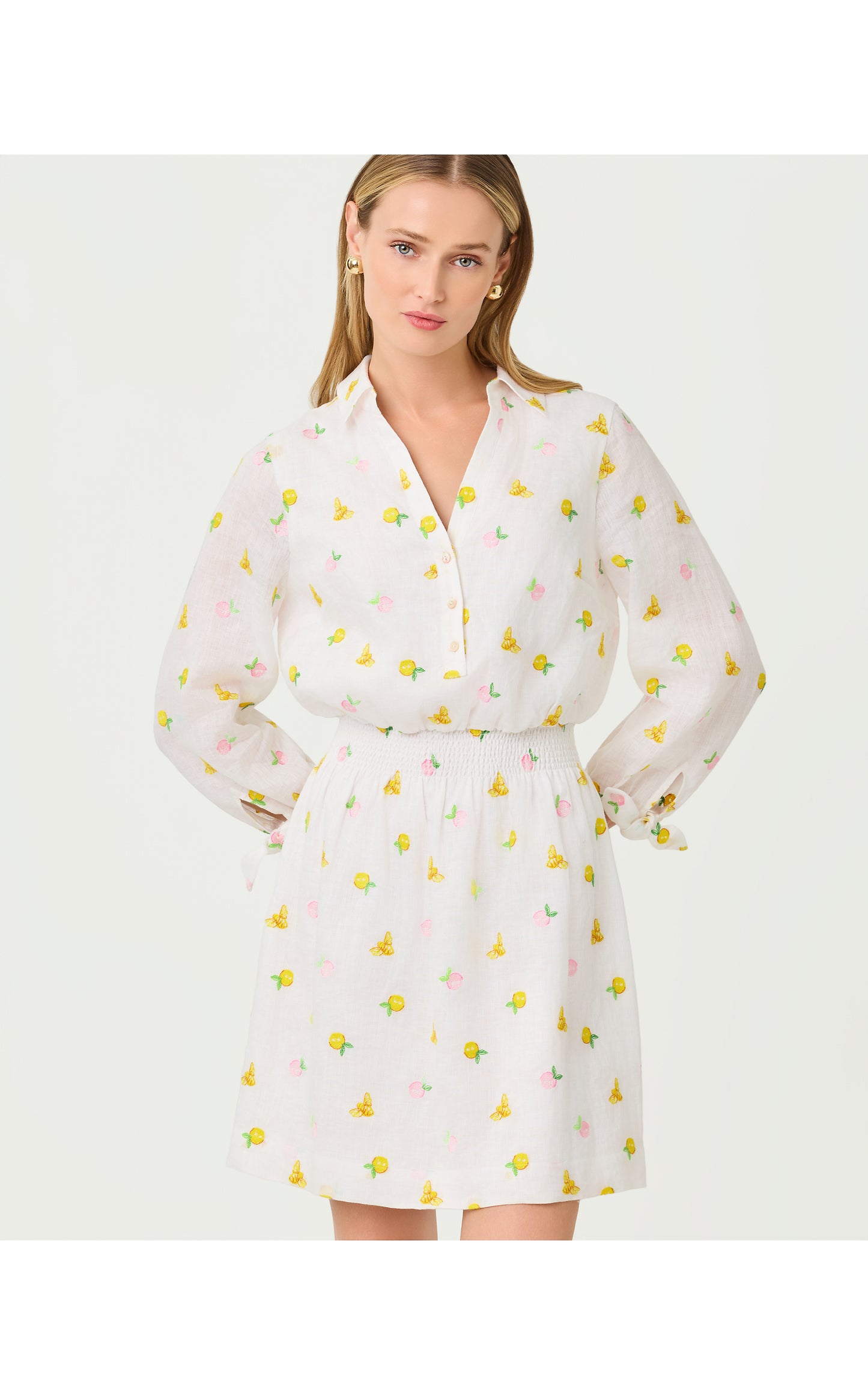 Abralynn Embroidered Linen Shirtdress - Pink Muse Lemon Bee Half Drop