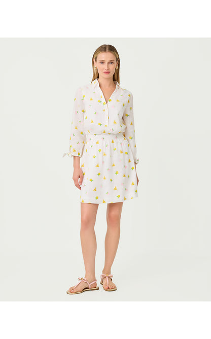 Abralynn Embroidered Linen Shirtdress - Pink Muse Lemon Bee Half Drop