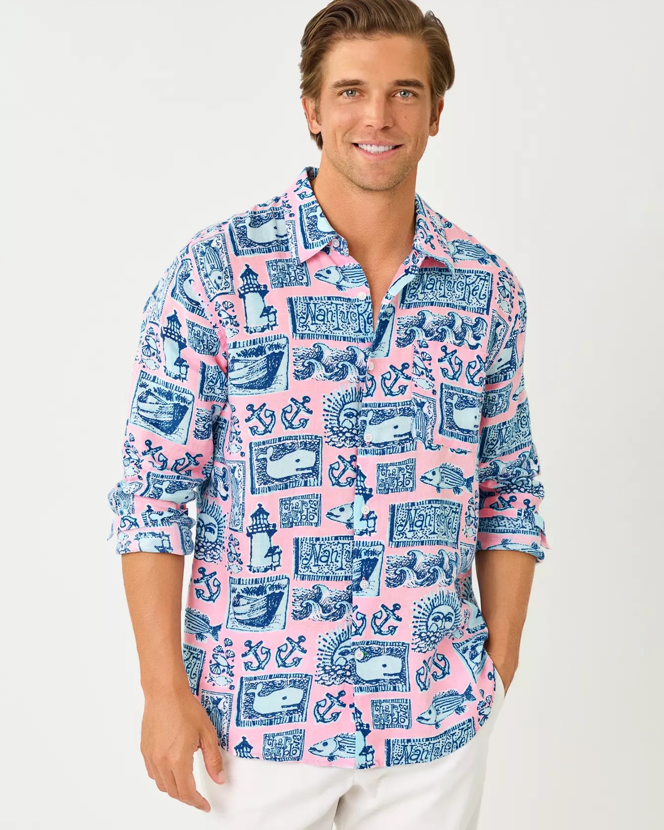 Men's Stuff Addison Button Down Linen Shirt -  Conch Shell Pink Nantucket Destination