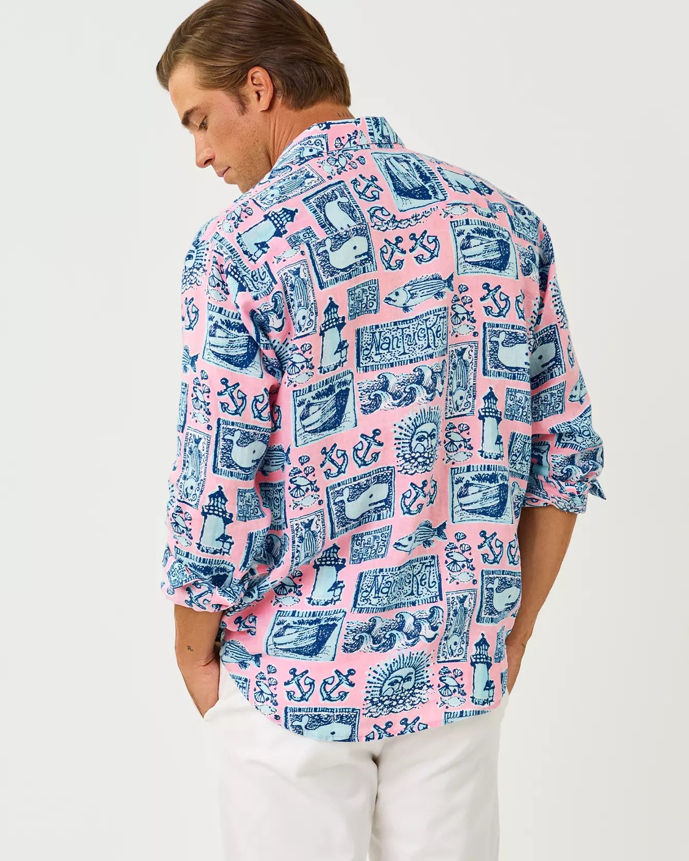 Men's Stuff Addison Button Down Linen Shirt -  Conch Shell Pink Nantucket Destination