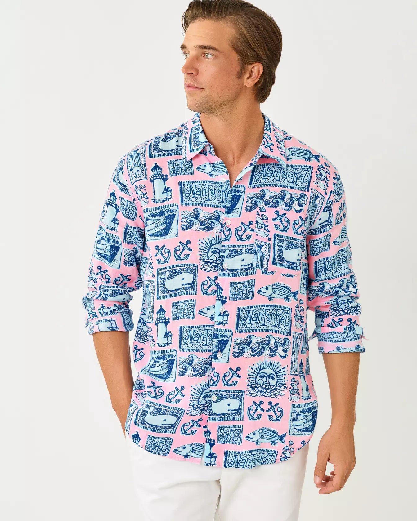 Men's Stuff Addison Button Down Linen Shirt -  Conch Shell Pink Nantucket Destination