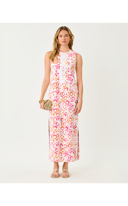 Kitt Maxi Shift Dress -Resort White Pansy Fansy
