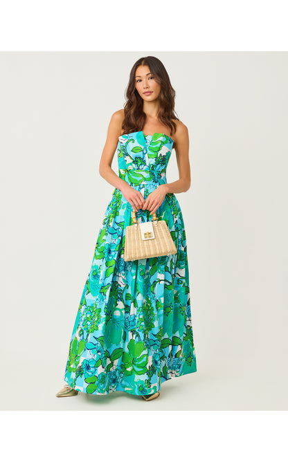 Ivella Strapless Maxi Dress - Capri Blue Rousseaus Roses Overlay