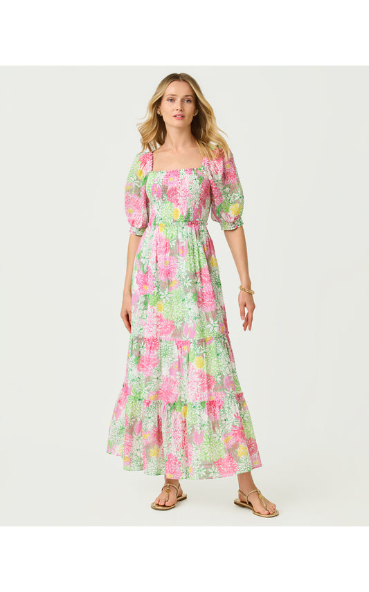 Hadly Short Sleeve Smocked Maxi Dress - Resort White Mum Patch