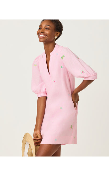 Mialeigh Elbow Sleeve Linen Dress - Conch Shell Pink Derby Ditsy Embroidery