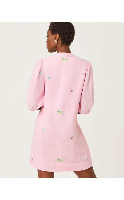 Mialeigh Elbow Sleeve Linen Dress - Conch Shell Pink Derby Ditsy Embroidery