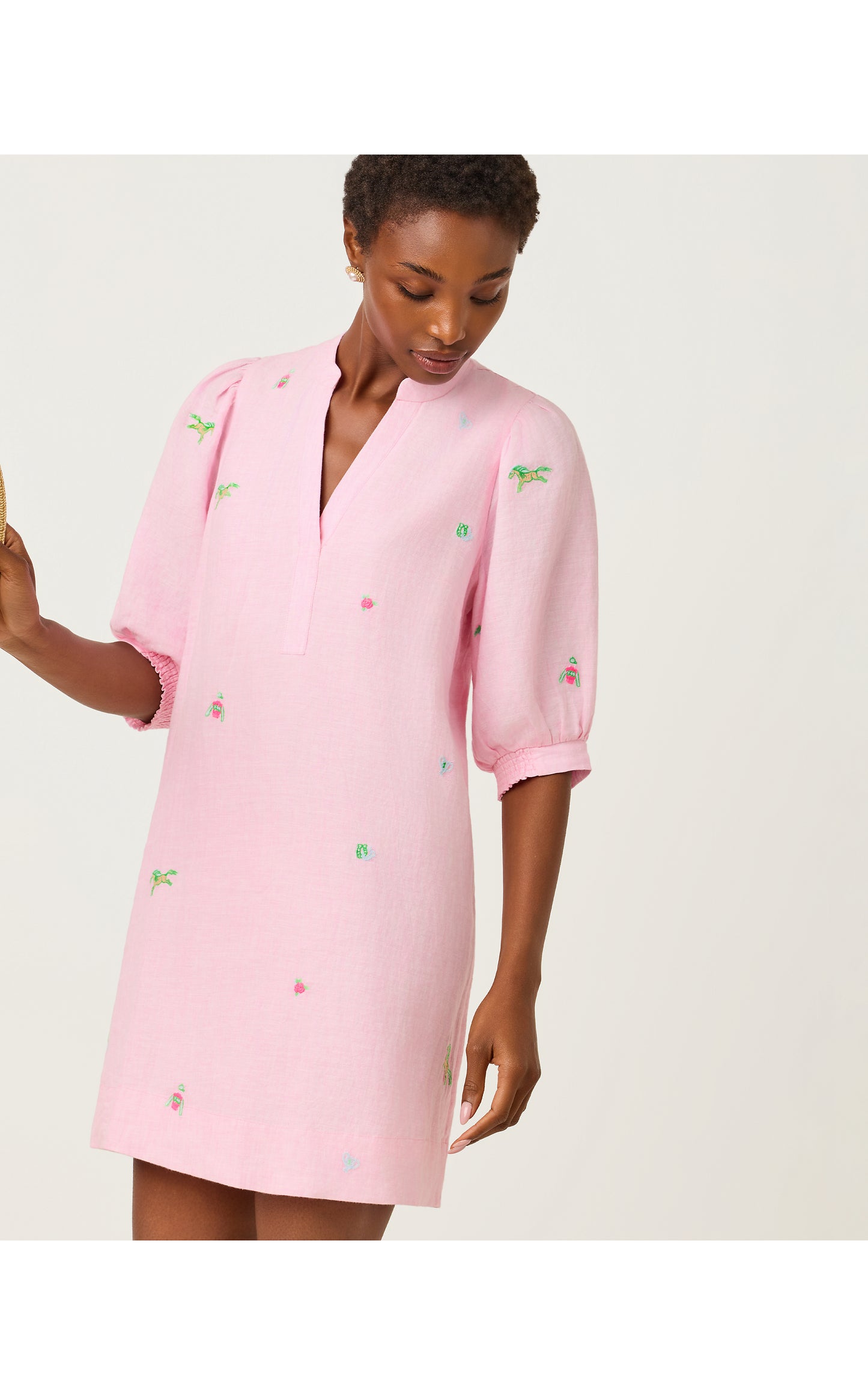 Mialeigh Elbow Sleeve Linen Dress - Conch Shell Pink Derby Ditsy Embroidery