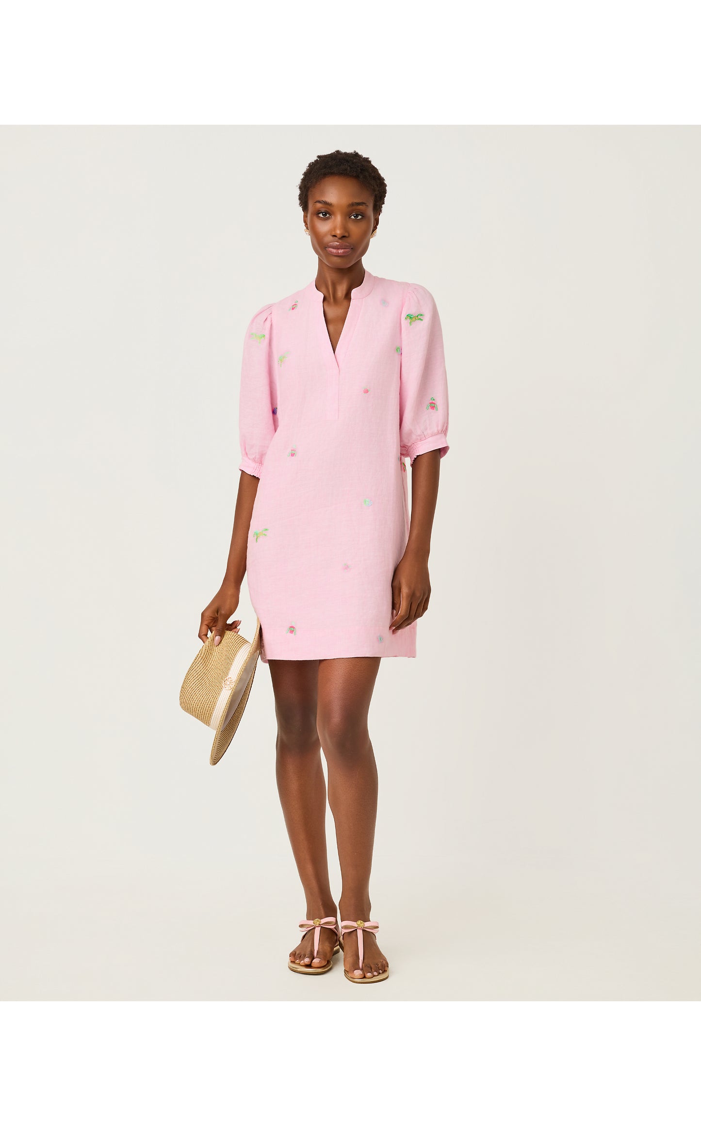 Mialeigh Elbow Sleeve Linen Dress - Conch Shell Pink Derby Ditsy Embroidery