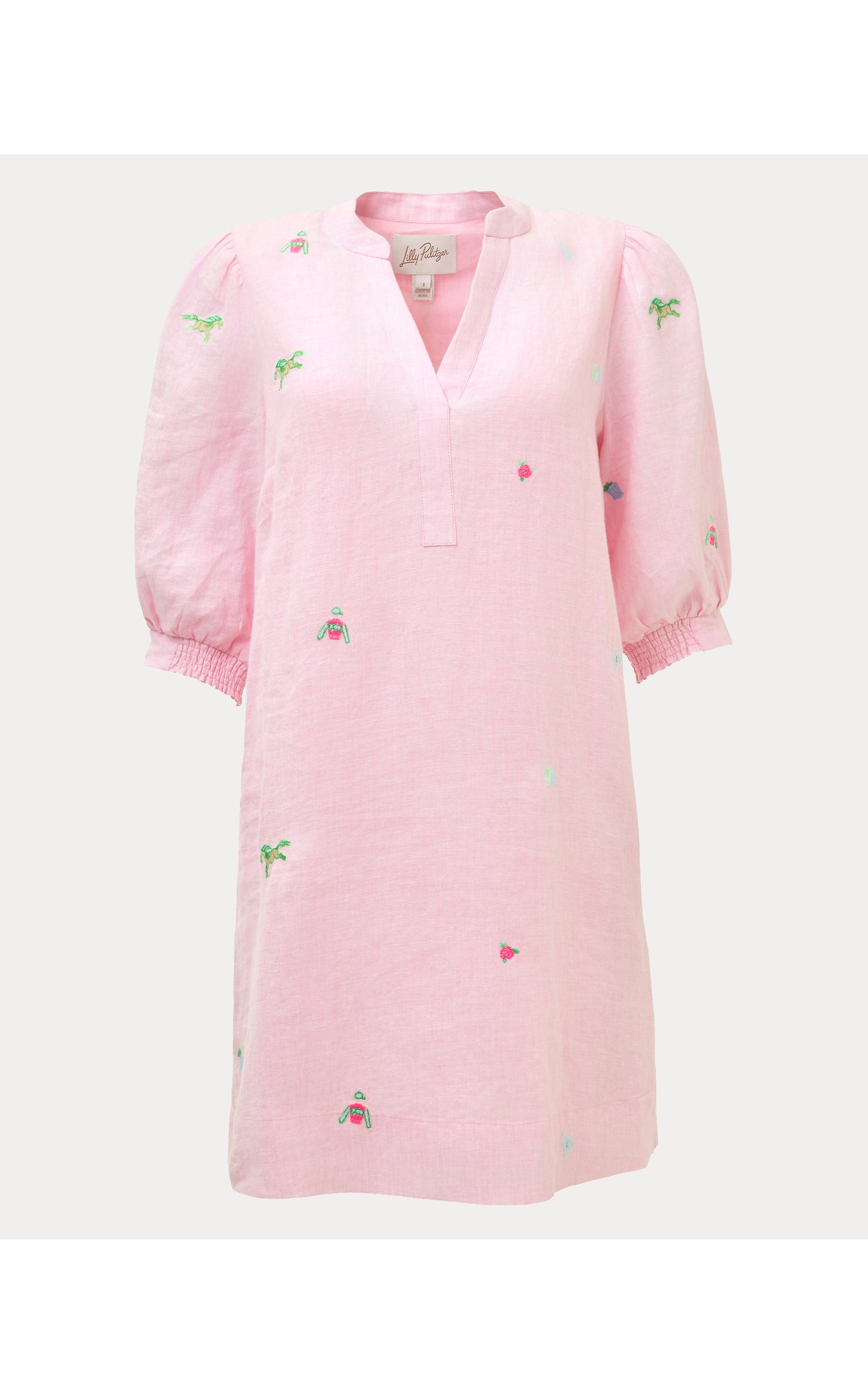 Mialeigh Elbow Sleeve Linen Dress - Conch Shell Pink Derby Ditsy Embroidery