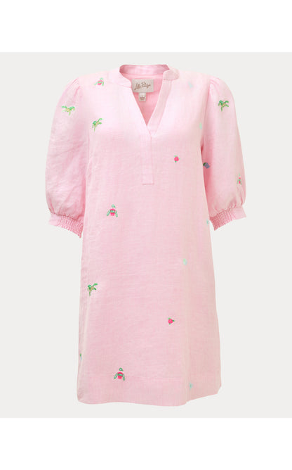 Mialeigh Elbow Sleeve Linen Dress - Conch Shell Pink Derby Ditsy Embroidery