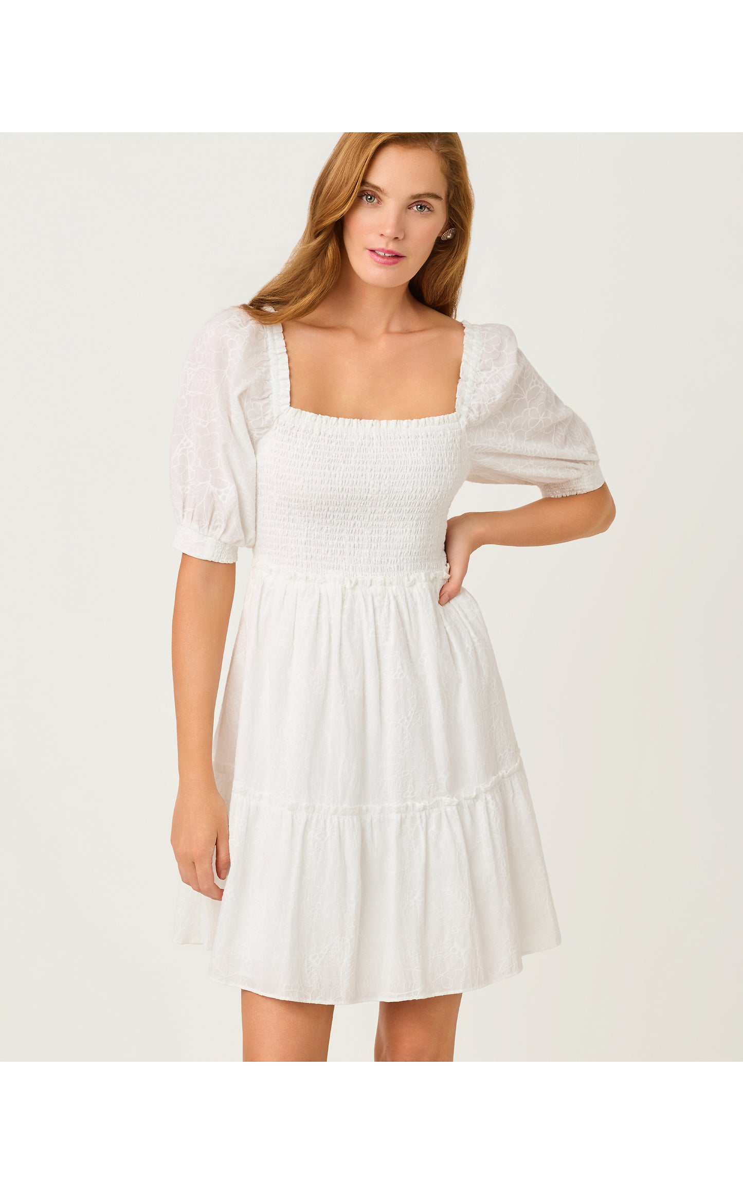Hadly Short Sleeve Smocked Dress - Resort White Sunshowers Embroidery