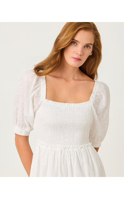 Hadly Short Sleeve Smocked Dress - Resort White Sunshowers Embroidery