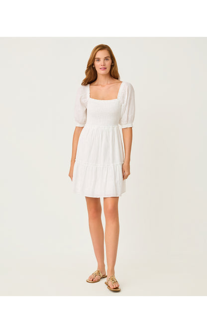 Hadly Short Sleeve Smocked Dress - Resort White Sunshowers Embroidery