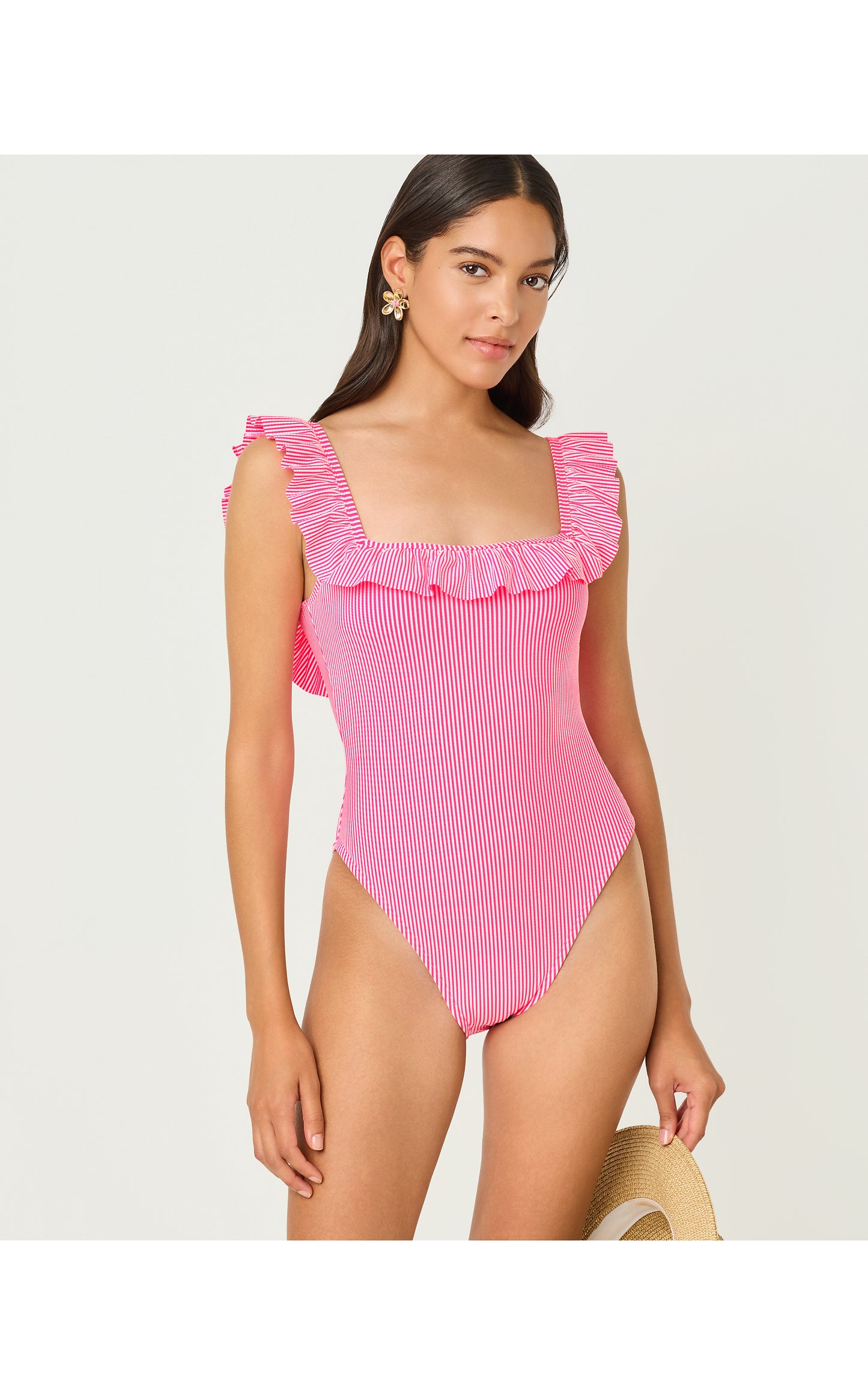 Aemma Ruffle One-Piece Swimsuit - Cherry Blossom Pink Seersucker Stripe