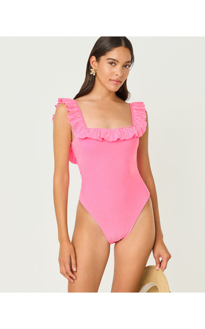 Aemma Ruffle One-Piece Swimsuit - Cherry Blossom Pink Seersucker Stripe