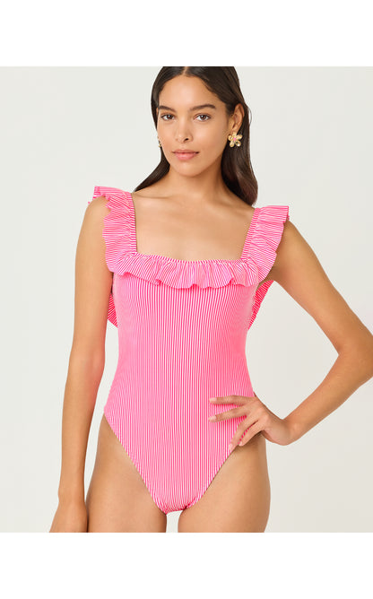 Aemma Ruffle One-Piece Swimsuit - Cherry Blossom Pink Seersucker Stripe