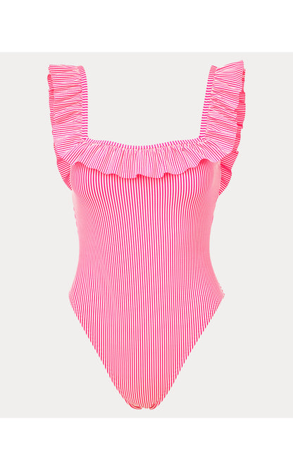 Aemma Ruffle One-Piece Swimsuit - Cherry Blossom Pink Seersucker Stripe