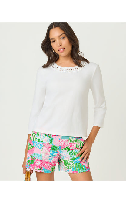 Clairmont 3/4 Sleeve Lace Trimmed Knit Top - Resort White