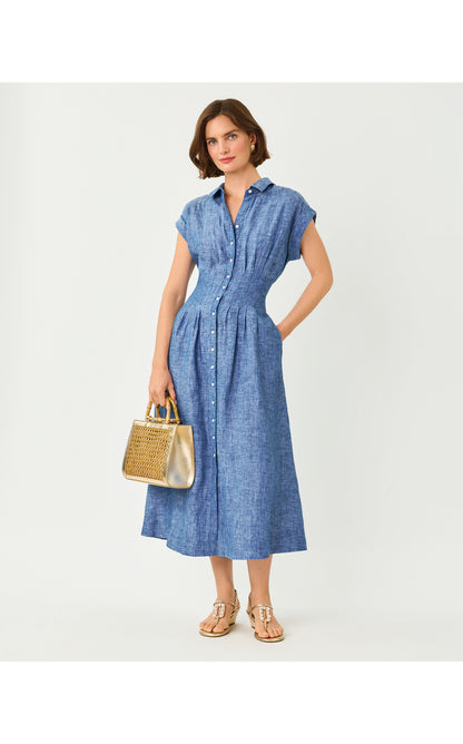 Tonya Linen Midi Shirtdress - Starlight Navy X Resort White