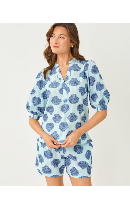 Mialeigh Elbow Sleeve Top - Day Dream Blue Seashell Jacquard Yarn Dyed Stripe