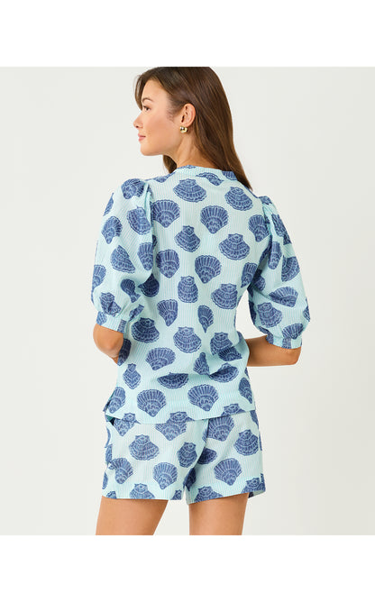 Mialeigh Elbow Sleeve Top - Day Dream Blue Seashell Jacquard Yarn Dyed Stripe