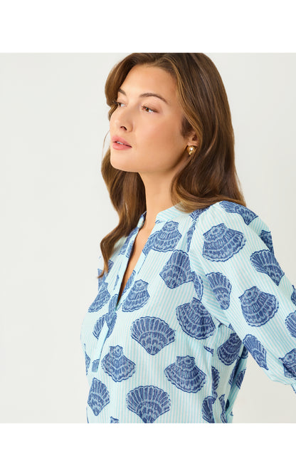 Mialeigh Elbow Sleeve Top - Day Dream Blue Seashell Jacquard Yarn Dyed Stripe
