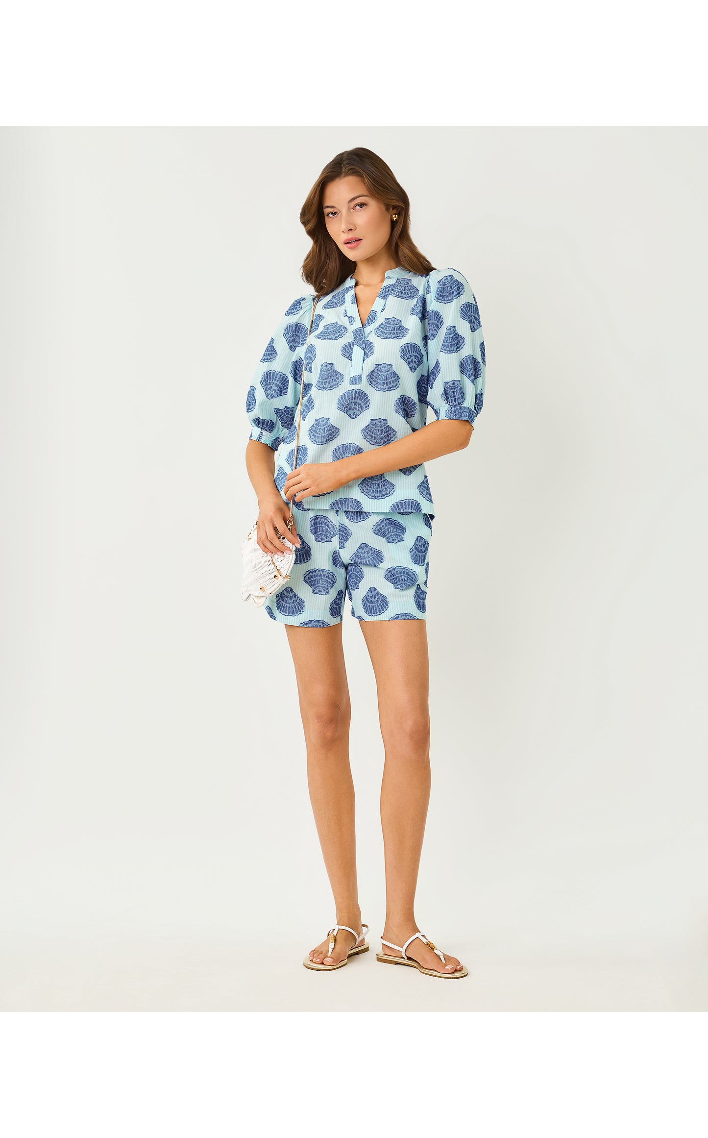 Mialeigh Elbow Sleeve Top - Day Dream Blue Seashell Jacquard Yarn Dyed Stripe