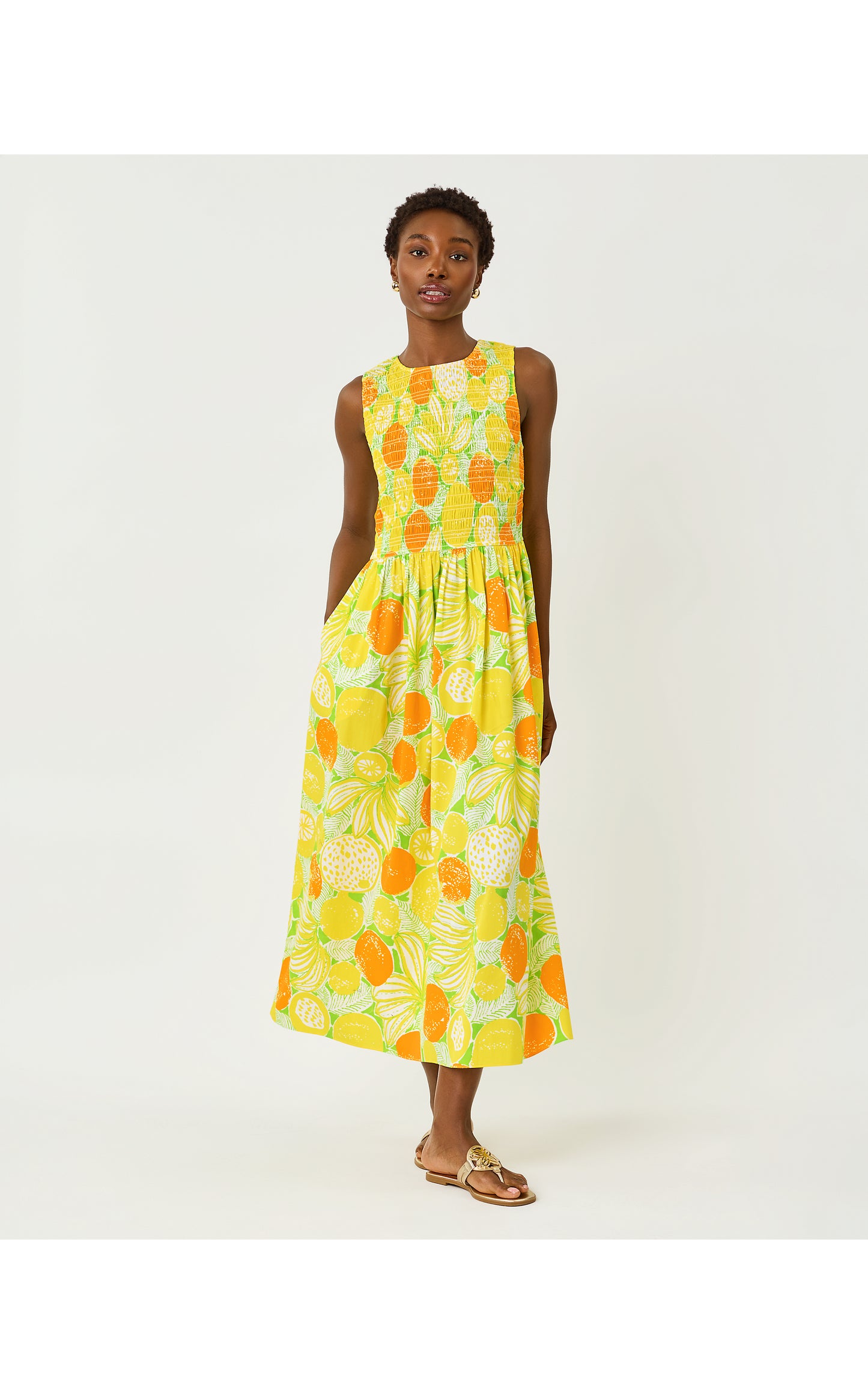 Daisey Smocked Midi Dress - Island Palm Oversized Zesty
