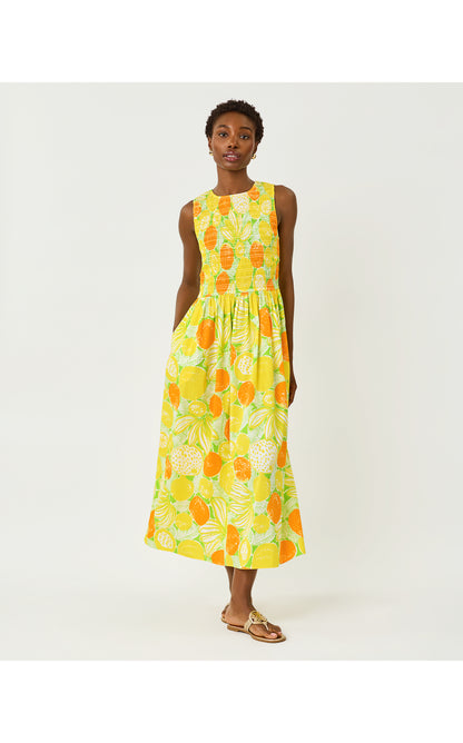 Daisey Smocked Midi Dress - Island Palm Oversized Zesty