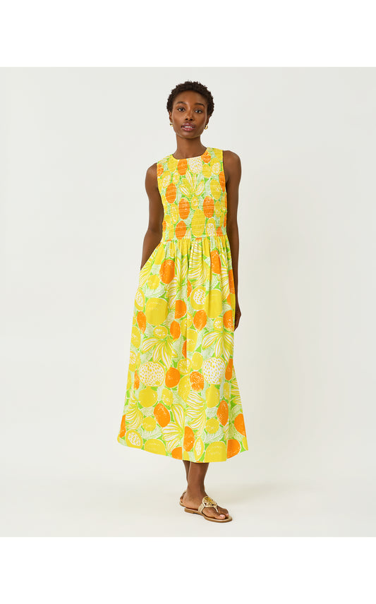 Daisey Smocked Midi Dress - Island Palm Oversized Zesty