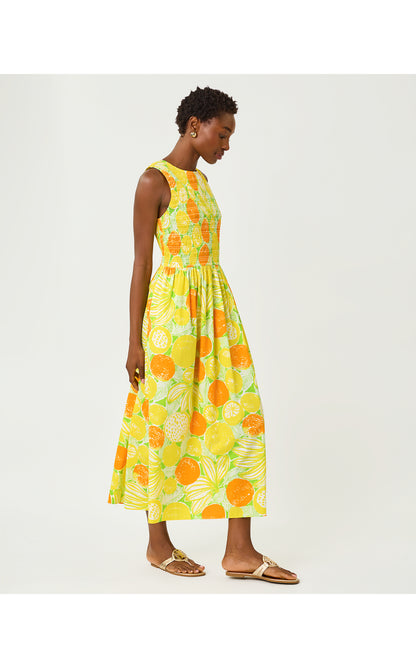 Daisey Smocked Midi Dress - Island Palm Oversized Zesty