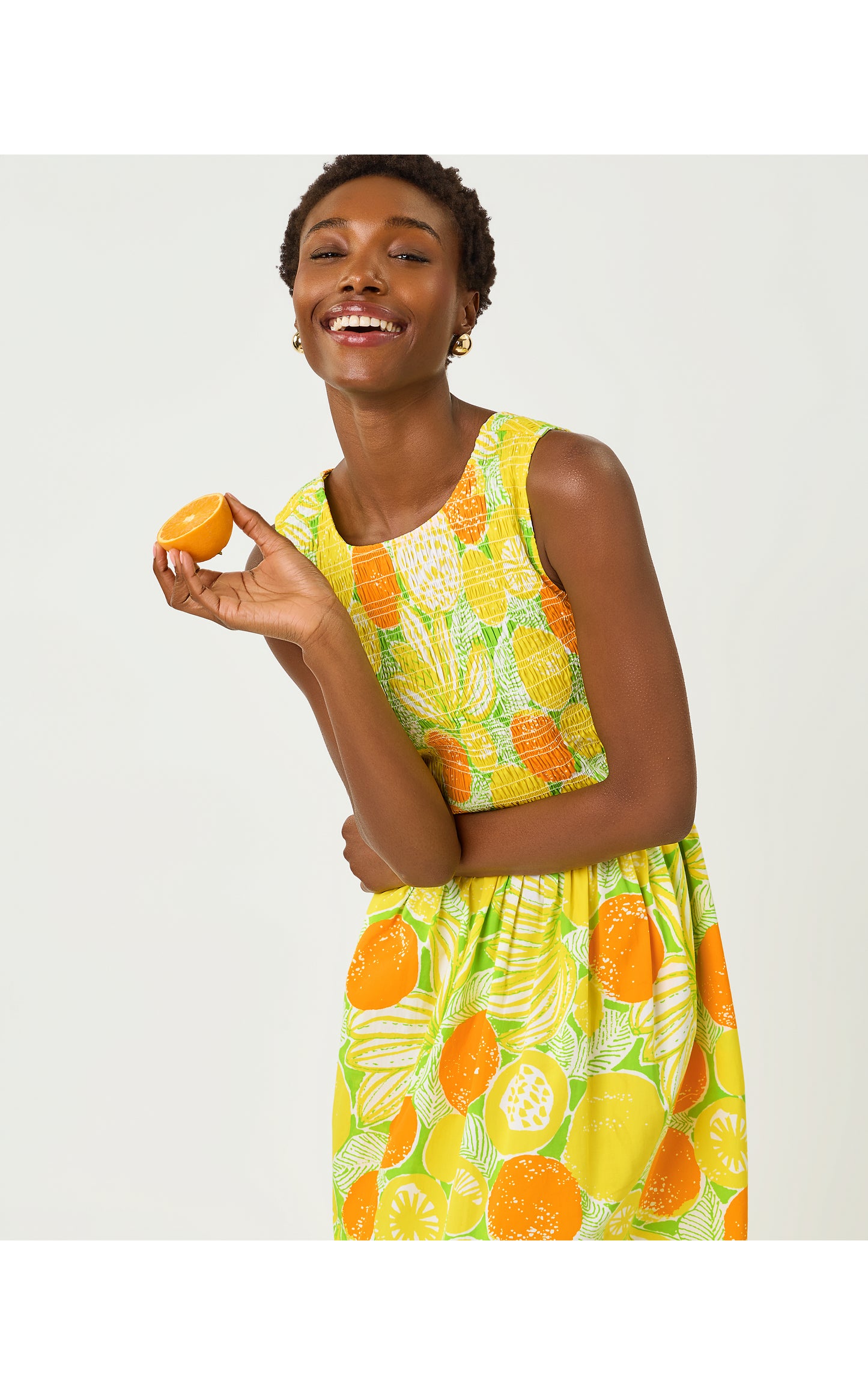 Daisey Smocked Midi Dress - Island Palm Oversized Zesty