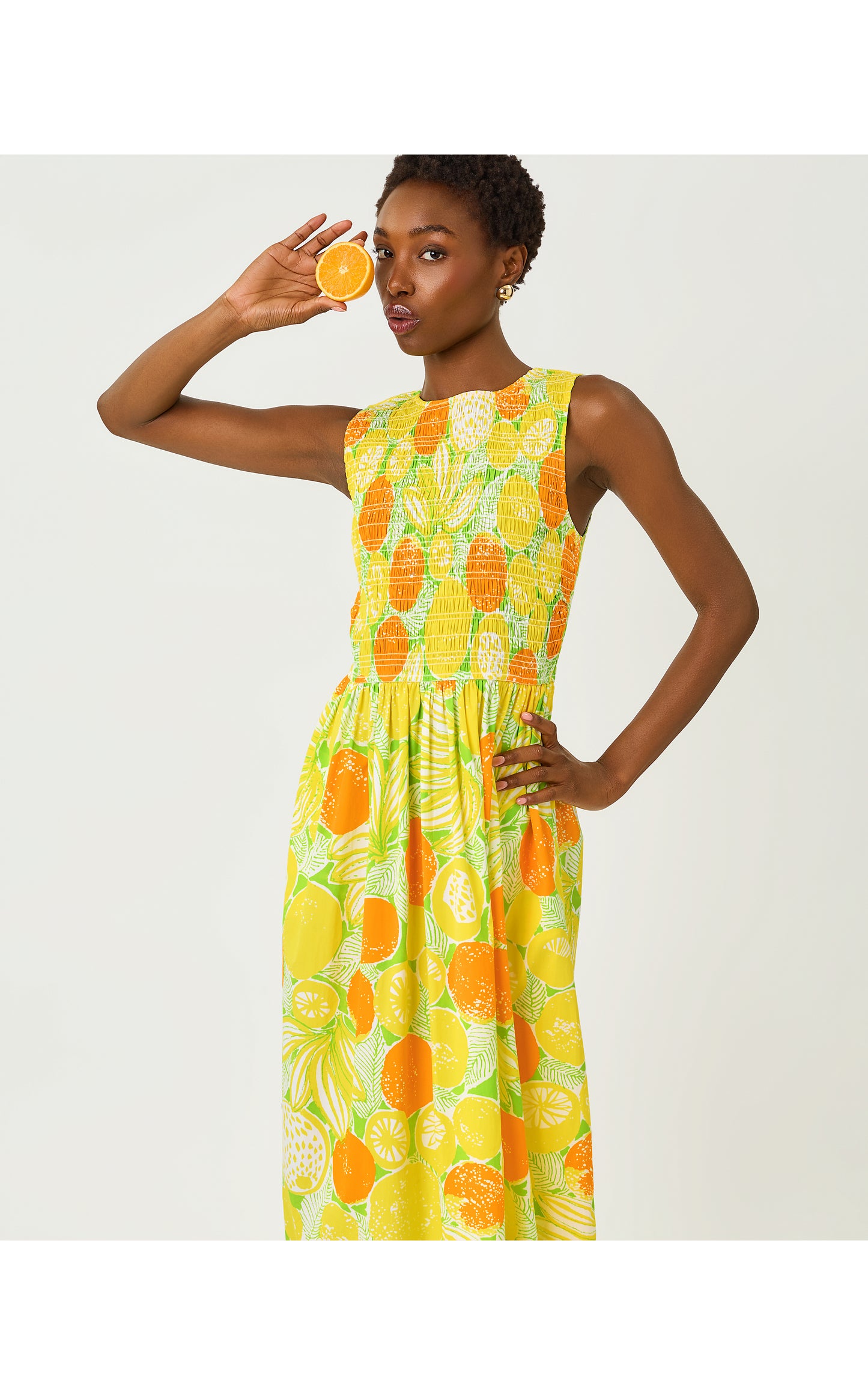 Daisey Smocked Midi Dress - Island Palm Oversized Zesty