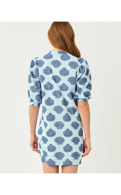 Mialeigh Elbow Sleeve Dress - Day Dream Blue Seashell Jacquard Yarn Dyed Stripe
