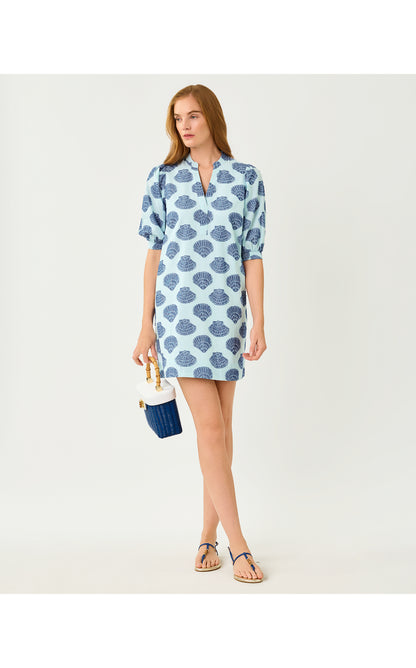 Mialeigh Elbow Sleeve Dress - Day Dream Blue Seashell Jacquard Yarn Dyed Stripe